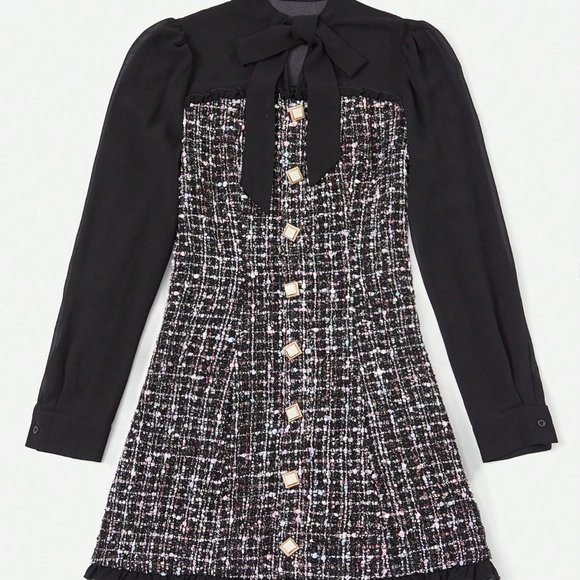 Black Casual Womens Plaid Pattern Tie Neck Button Front Tweed Dress - Picture 3 of 5